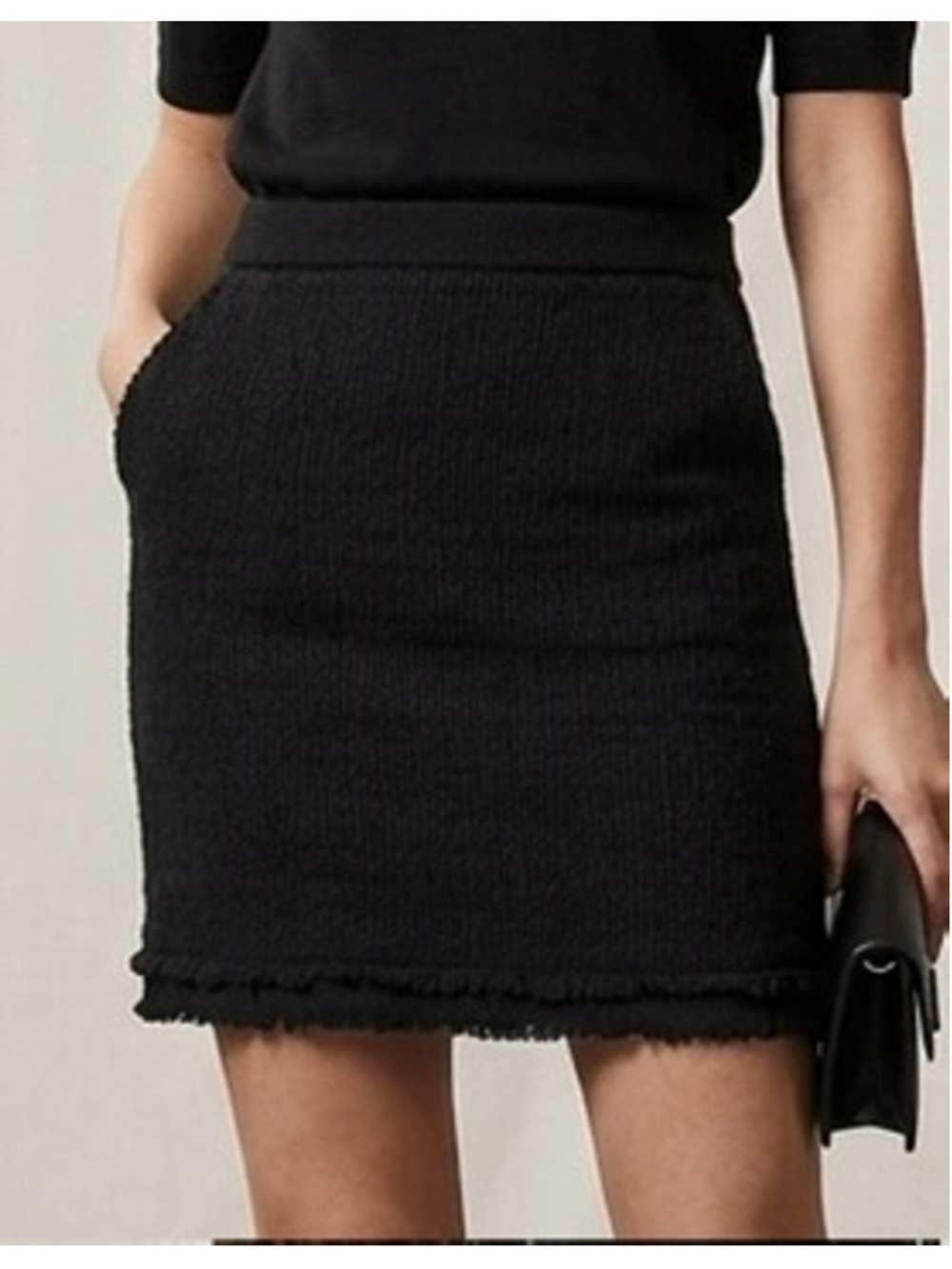Black Knit Frayed-Hem Mini Skirt large stretch party office, casual soft 1183